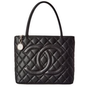 Chanel Black Quilted Caviar Leather Medallion Tote (Authentic Pre-Loved)